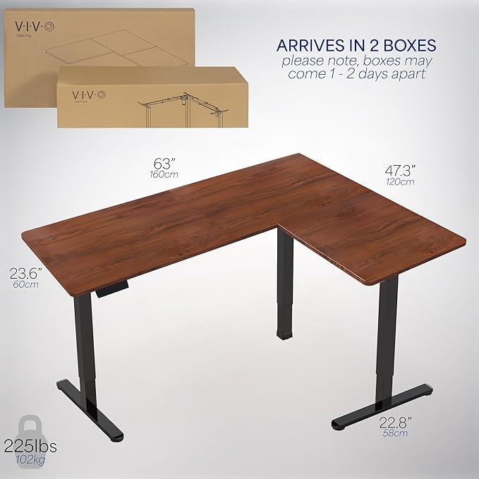 VIVO Electric Corner 63 x 47 inch L-Shaped Standing Desk, Memory Height Adjustment, Dark Walnut Top Black Frame, DESK-E3CTD-47
