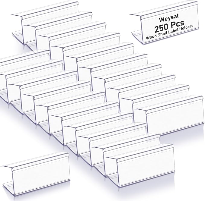 Weysat 250 Pcs Wood Shelf Label Holders Clear Plastic Price Tag 2.4 in L x 1 in H for Bookshelf Shelves, Wood Shelf Sign and Ticket Holder, Clips On to Shelves 3/4" to 1" Thick