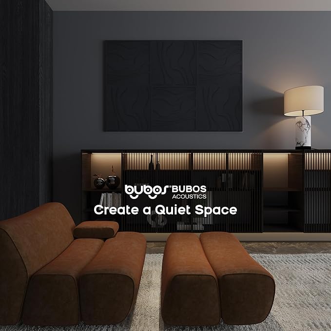 BUBOS Large Acoustic Panels, 6-Pack Soundproof Wall Panels Thickened 23.6 x 23.6 Inches, Self-adhesive Sound Absorbing Panels Decorative for Recording Studio Office Home Theater, Black