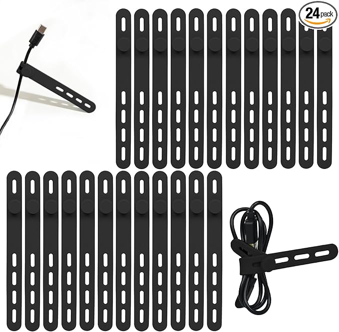 Donruby 24Pcs Silicone Cable Ties - Reusable & Washable with Locking Buckles, Adjustable Fastening Cable Management Straps, Multi-Purpose High Elasticity Cord Organizer (Black)