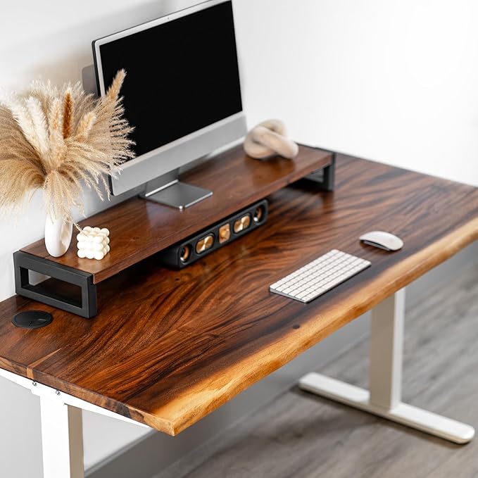 Standing Desk with Monitor Stand – Walnut Solid Wood Desk, Natural Live Edge, Adjustable Height Dual Motor, Sit Stand for Home Office (White, W60 x D27)