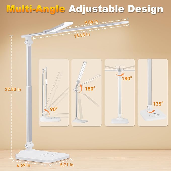 LED Desk Lamp for Office Home, Height Adjustable Architect Desk Light with USB Adapter, Stepless Dimming 50 Lighting Modes, Eye Caring Double Head Computer Desk Lamp for Reading, Study, Workbench