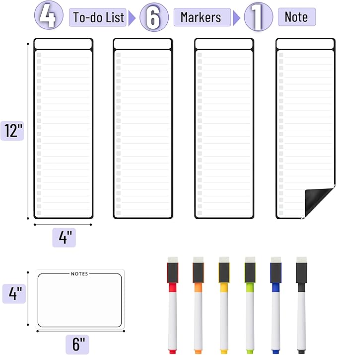 Mr. Pen- 4" x 12" Magnetic Dry Erase to Do List, 11 pcs, 4X Dry Erase to Do List White Board, 6X Colorful Whiteboard Markers and 6" x 4" Magnetic Whiteboard Note