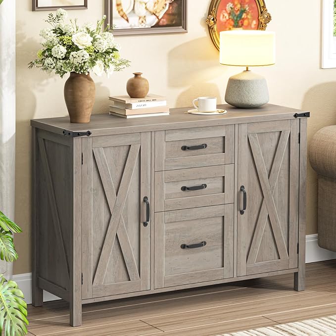 Vabches File Cabinet with 3 Drawers, Farmhouse Lateral File Cabinet Fits Files Letter/A4 Size, Wooden Filing Cabinet with Door and Adjustable Shelves Printer Stand for Home Office, Rustic Grey