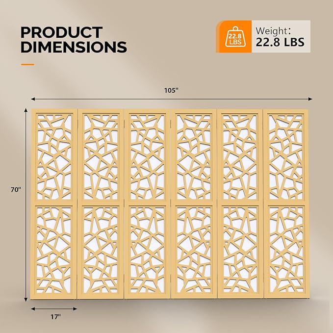 VINGLI 70'' H Room Divider, Non-Woven Fabric Privacy Screen, Indoor Partition Wall Dividers, Freestanding Hinged Space Separator with Modern Unique Pattern (Gold, 6 Panel)