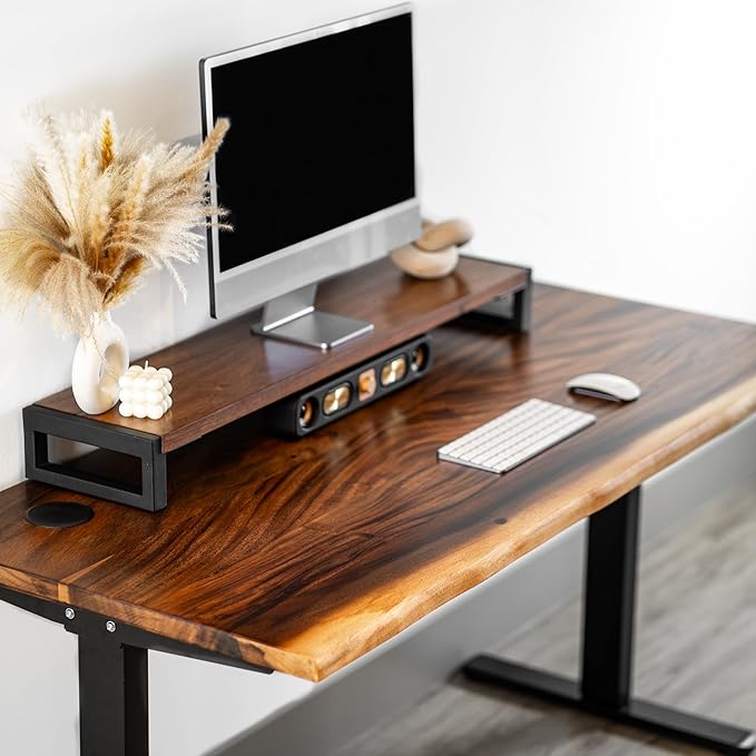 Standing Desk with Monitor Stand – Walnut Solid Wood Desk, Natural Live Edge, Adjustable Height Dual Motor, Sit Stand for Home Office (Black, W60 x D27)