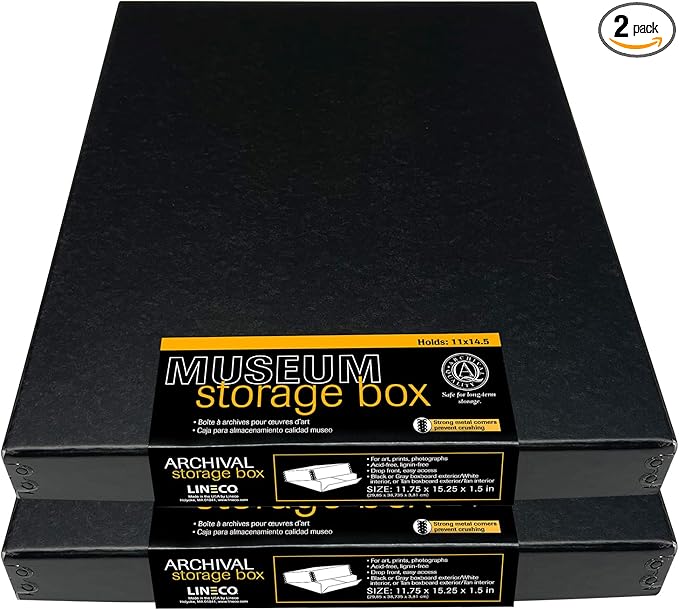 Lineco Museum Archival Storage Box, 11.75x15.25x1.5 in. Drop Front Design. Acid-Free with Metal Edge. Organize Photos, Pictures, Prints, Documents, Crafts, DIY. Black, 2 Pack