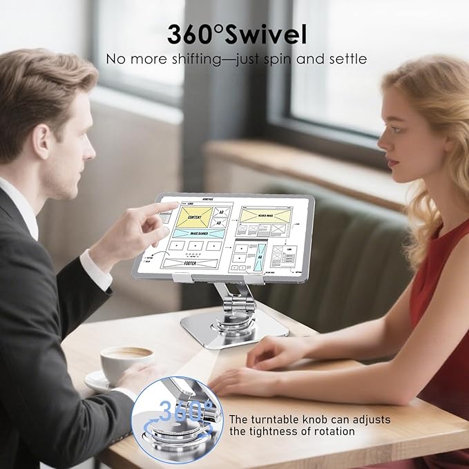 Gorablix Tablet Stand for Desk, 360° Swivel for iPad Holder, Aluminum Adjustable Tablet Holder, Compatible for iPad Pro Air Mini Surface Pro Samsung Galaxy Tabs Kindle, 4-12.9 inch, Silver