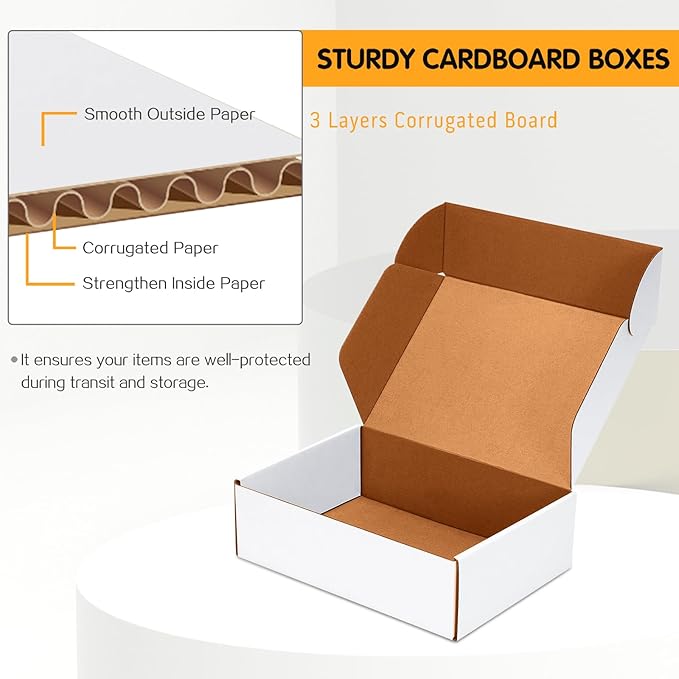 JOWLOT 10x7x3 inch Shipping Boxes Set of 25, White Corrugated Cardboard Box Literature Mailer for Mailing Packing Moving and Storage