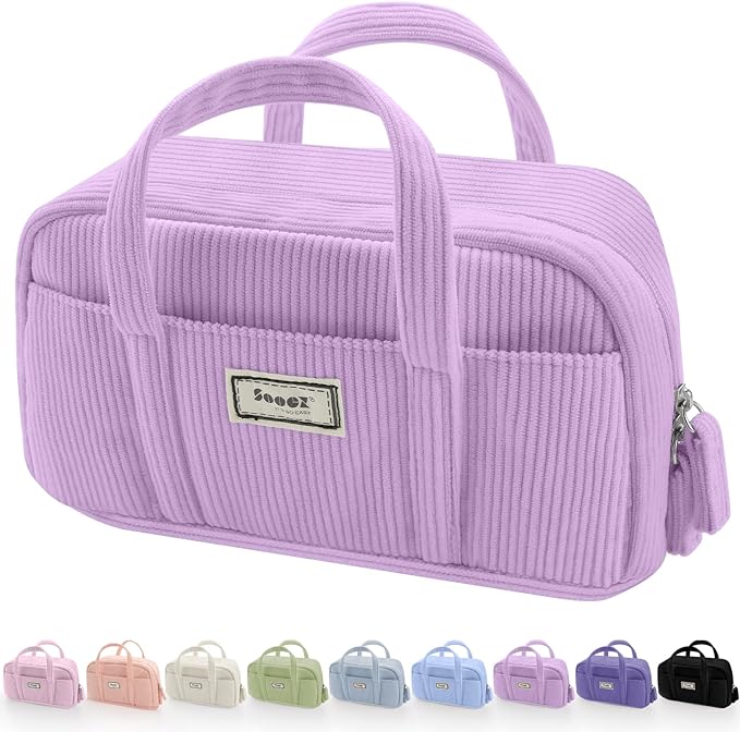 Sooez Large Pencil Case Pouch, Extra Big Pencil Bag with 5 Compartments, Pen Bag Wide Opening, Soft Corduroy Pencil Pouch Organizer with Zipper, Cute Aesthetic School Supplies for Girls-Light Purple