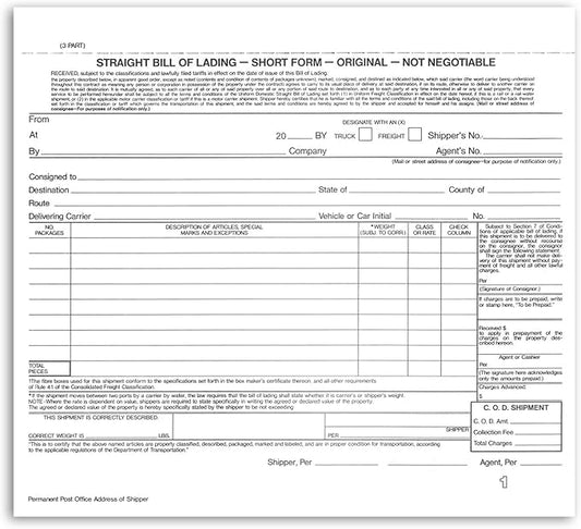 NextDayLabels - Short Form Straight Bill of Lading, 8-1/2 x 7", 3 Part NCR Carbonless White/Canary/Pink, 200 Sets