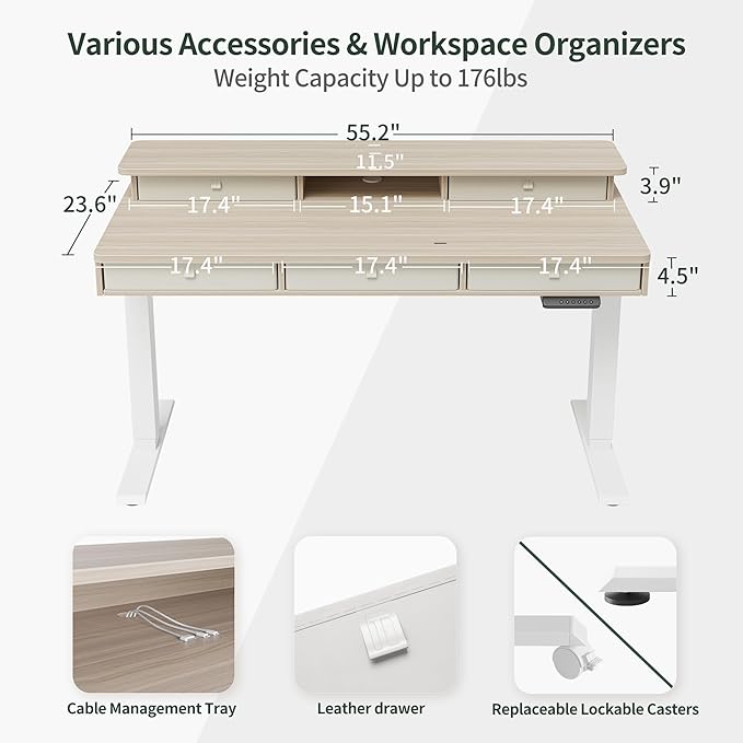 FEZIBO Height Adjustable Electric Standing Desk with 5 Drawers, 55 x 24 Inch Table with Storage Shelf, Sit Stand Desk White Frame/Light Walnut Top, 55 inch