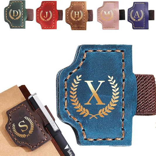Personalized Mark Bookmark with Pen Holder, Leather Magnetic Book Marker 26 Letters,Custom Initials Page Marks, Gifts for Book Lovers Readers Men Women (Blue, X)