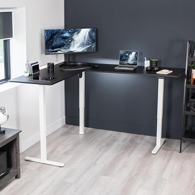 VIVO Electric Corner 75 x 63 inch L-Shaped Standing Desk, Memory Height Adjustment, Black Top White Frame, DESK-E3CTWB-75