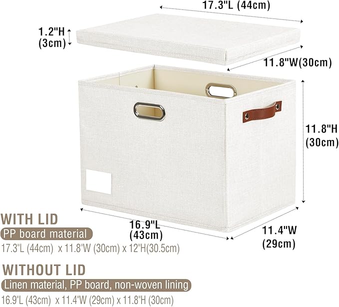 Roobyl 17" Large Collapsible Storage Bins with Lids, Stackable Closet Organizers with PU Handle and Labels, 3-Pack Decorative Fabric Storage Boxes for Home, Bedroom, Closet, Office, Nursery(White)
