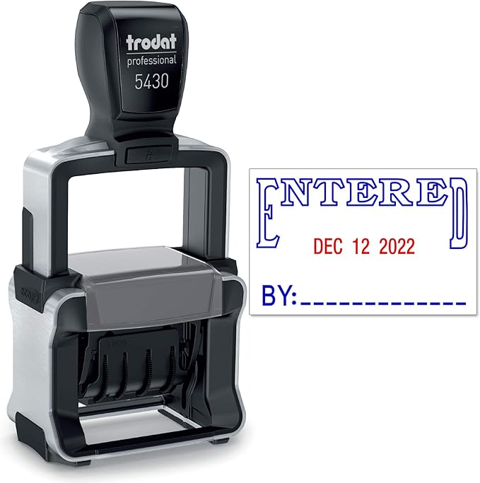 Trodat 5430 Professional Self-Inking Date Stamp with Entered - Blue/Red 2 Color Ink