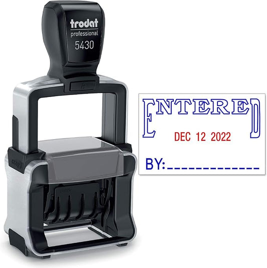Trodat 5430 Professional Self-Inking Date Stamp with Entered - Blue/Red 2 Color Ink