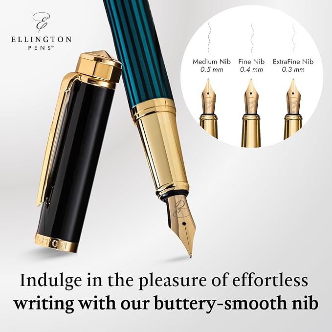 Ellington Pens Luxury Fountain Pen Set - Smooth Fine Nib - Includes 3 Ink Cartridges, Refillable Ink Converter, Gift Box -Fountain Pens For Writing, Calligraphy, Journaling, Sketching (Urban Hunter)
