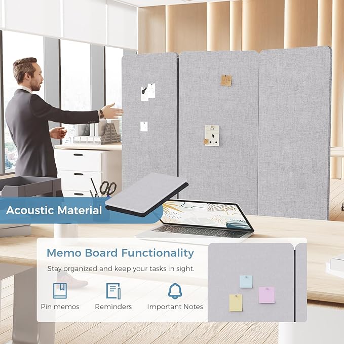 MORDEER 70.8" W x 63" H Freestanding Partition Room Dividers, Acoustic Panels with Wheels, 3 Soundproof Privacy Panels for Office, Reception Room, School, Hospital, Light Grey