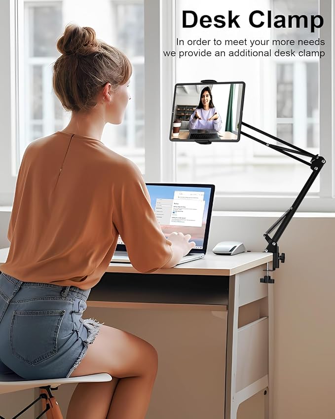 mmcrz Tablet Floor Stand with 11lb Stable Base & Desk Clamp, Adjustable Height Stretchable Arm Swivel Dual Holder, Compatible with iPhone, iPad Pro Air Mini, Galaxy Tab, Kindle, Phones (4.5''-13'')