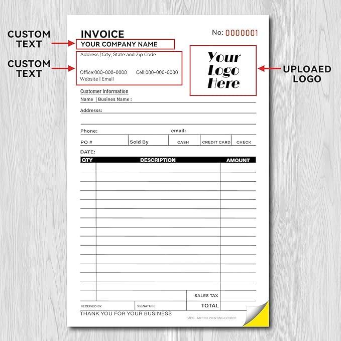 100 Sets Custom 5.7" X 8.5" Invoice Receipt Book, Personalized Duplicate Carbonless Form with Logo/Text, Paper 2-Part/3-Part in Bulk Purchase Orders, Sales Orders, Price Forms (2-Part)
