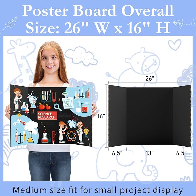 AKONEGE 12Pcs Medium Trifold Poster Board, 26" x 16" Black Corrugated Cardboard Tri Fold Poster Boards for School Projects, Presentations, Science Fair, Photo Display, Art Exhibition
