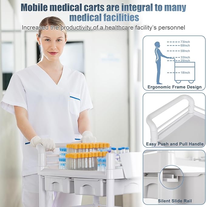 Mobile Medical Carts 3 Tier Professional Utility Cart 330 LBS Max Load Rolling Crash Cart Ultrasound Trolley with Wheels Drawers Dirt Bucket Sharps Box Storage Basket for Hospital Dental Clinic Home