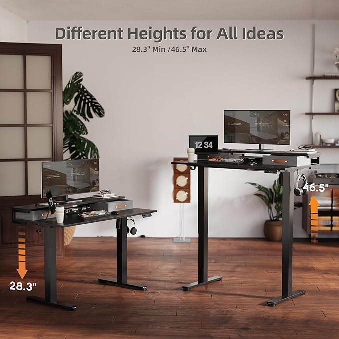Claiks Electric Standing Desk with 2 Drawers, Adjustable Standing Desks with Storage, Height Adjustable Stand up Desk for Home Office with 2 Hooks,48 Inch Black