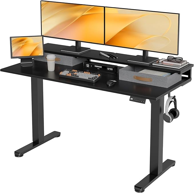 Claiks Electric Standing Desk with 2 Drawers, Adjustable Standing Desks with Storage, Height Adjustable Stand up Desk for Home Office with 2 Hooks,55 Inch Black