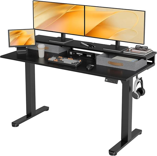 Claiks Electric Standing Desk with 2 Drawers, Adjustable Standing Desks with Storage, Height Adjustable Stand up Desk for Home Office with 2 Hooks,55 Inch Black