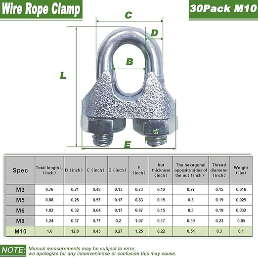 30PCS 3/8" M10 Zinc-Plated Wire Rope Clamps – Heavy Duty U-Bolt Cable Clips (Silver)