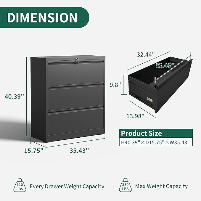 Yukimo 3 Drawer Lateral File Cabinet, File Cabinets for Home Office Legal/Letter A4 Size, File Cabinet with 3 Drawer Cabinet, Require Assembly, Black