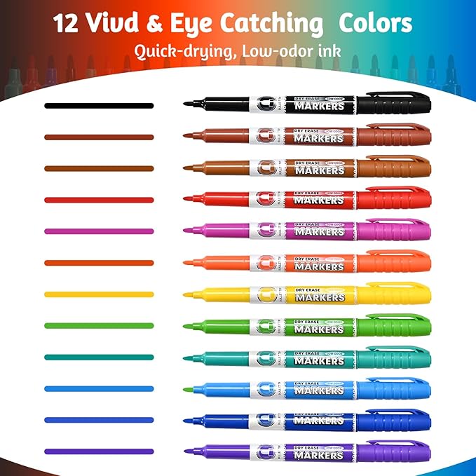 SUQJOY Dry Erase Markers, Fine Tip Whiteboard Marker, Low Odor Dry Markers with Pen Clip, Fine Point Maker, 36 pack 12 Assorted Colors Markers for Students/Teachers