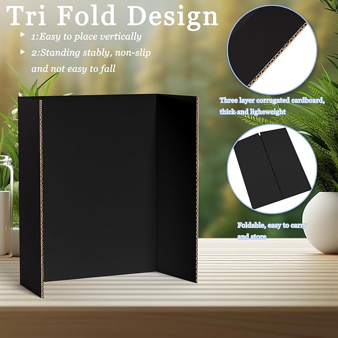 AKONEGE 6Pcs Medium Trifold Poster Board, 26" x 16" Black Corrugated Cardboard Tri Fold Poster Boards for School Projects, Presentations, Science Fair, Photo Display, Art Exhibition