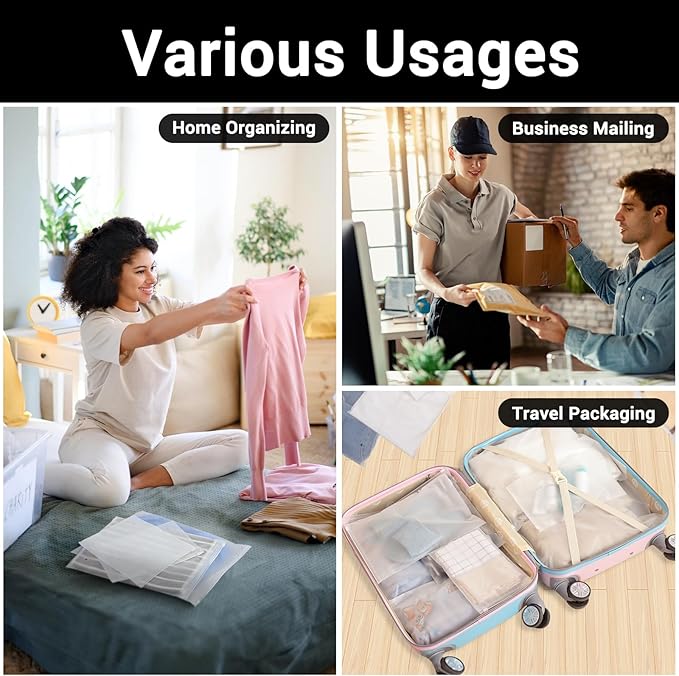 Svaldo Packaging Bags, 5 Sizes 12x16" 10x13" 8x10" 12x8" 10x7" Pack of 50, 3 Mil Thick Plastic Shipping Bags for Business Clothing Packing Craft & Hobby Storage, Frosted, with Vent Hole