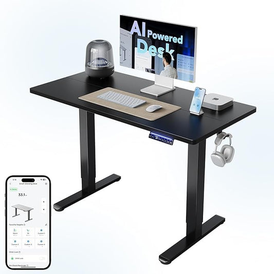 HUANUO AI-Powered Electric Standing Desk with Smart APP, Compatible with Alexa & Google, Adjustable Height, 6 Memory Settings, Sedentary Reminder, Ergonomic Sit-Stand Desk, 48-inch, Black