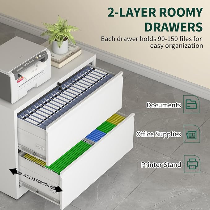 2 Drawer Lateral File Cabinet with Lock, 26.7"W File Cabinets for Home Office, Office Furniture for Organization Hanging Legal/Letter/A4, Metal Filing Cabinet Storage Cabinet, Require Assembly, White