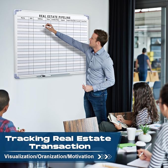 Lincia 36"x 24" Real Estate Whiteboard Lined White Board Dry Erase Real Estate Supplies Visual Transaction Tracking Whiteboard Erasable Surface Hanging Board with Sliding Tray for Wall