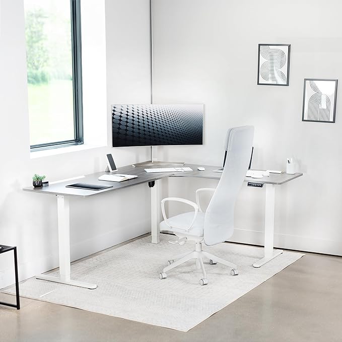 VIVO Electric Corner 75 x 63 inch L-Shaped Standing Desk, Memory Height Adjustment, Dark Gray Top White Frame, DESK-E3CTWG-75