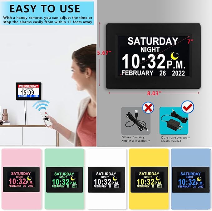 Véfaîî 2025 New, Digital Dementia Clock with Date and Time for Elderly, 10 Levels Auto Dimmer, 19 Alarms & Custom Reminders, Sun/Moon Icons, Auto DST, Large Display for Seniors- 7" with Remote