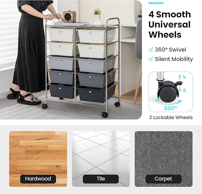 GLACER 10 Drawer Rolling Cart, Storage Cart with Lockable Whieels & Metal Frame, Trolley for Art Craft Oganizer, Mobile Utility Cart for Office, School, Classroom, Kitchen (Gray Gradient)
