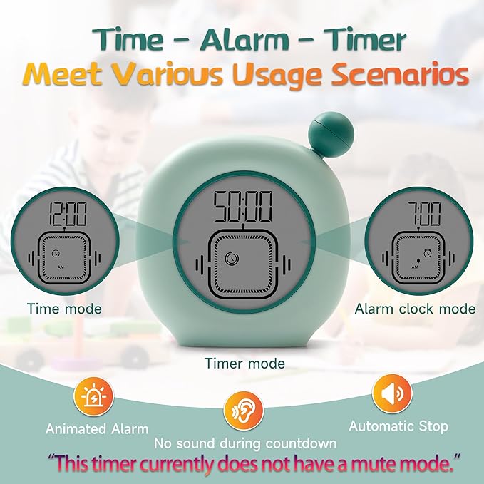 VEWINGL Productivity Timer & Clock with Alarm, Adjustable Desktop Timer for Autism, ADHD, Time Management, Ideal for Work, Study, Tasks, and Kitchen (Green)