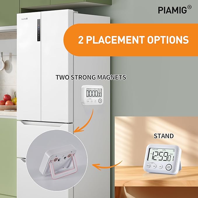PIAMIG Digital Kitchen Timer Alarm Clock for Cooking, Large LCD Display Multi-Function, Strong Magnetic with Loud Alarm, Digital Timer for Kids,Teachers,Classroom, Exercise or Work (White)