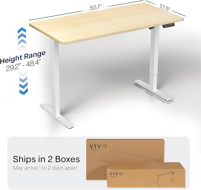 VIVO Electric 55 x 28 in Standing Desk, Memory Height Adjustment, 1B Series, Holds 220 lbs, One-Piece Light Wood Top, White Frame, DESK-KIT-1W55C