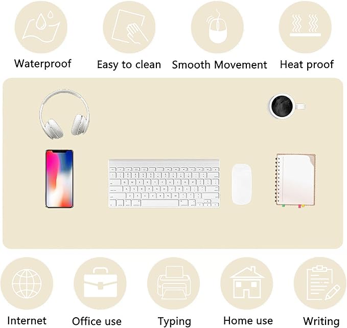 PU Leather Desk Pad Protector Gaming Mouse Pad Non Slip Desk Mat for Keyboard and Mouse Waterproof Desk Writing Pad for Office and Home Desk Accessories(Beige, 35.4 * 17.7)