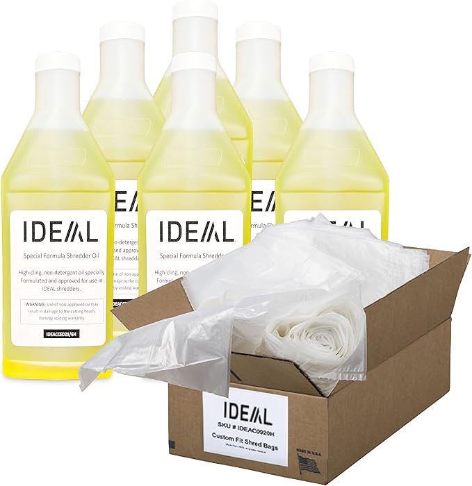 IDEAL Shredder Maintenance Combo Pack AC0920H Heavy-Duty Shredder Bags 20x47 Case of 80 40Gallon Gusseted + High-Cling Lubricating Shredder Oil 6x1-Quart Bottles, IDEACCED21/6H For 2503 2604 3104 3105