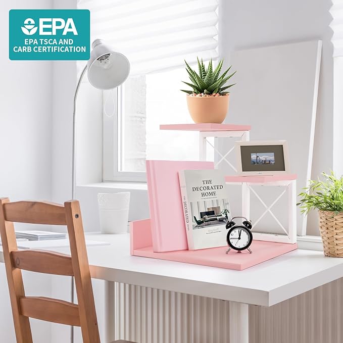 Jolitac Wood Desktop Shelf, Desktop Organizer Office Storage Rack Adjustable Wood Display Shelf 3 Tier Storage Display Rack Office Decor Stand Shelves with Metal Frame (Pink)