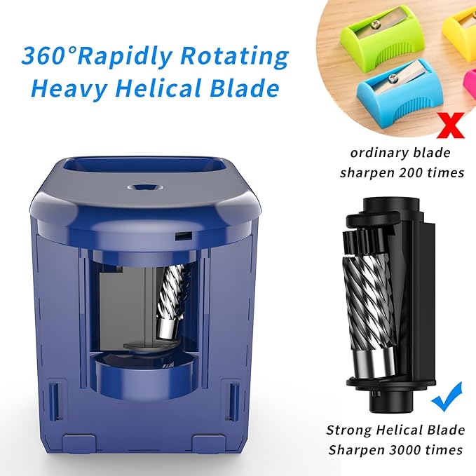 Electric Pencil Sharpener Heavy-Duty Helical Blade Sharpener USB/Battery Operated for No.2/ (6-8mm) Pencils with Auto Stop & Cleaning Brush in School/Classroom/Office (Blue no Adapter)