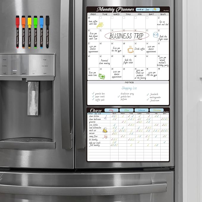 Magnetic Dry Erase Monthly Calendar Set - 15.5"x13" Monthly Calendar and 8.5"x13" Chore Board for Fridge - 6 Extra Fine Point Markers Included - Shipped Flat