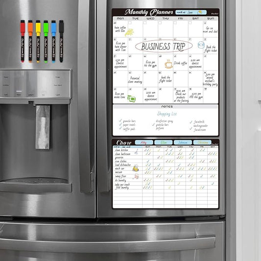 Magnetic Dry Erase Monthly Calendar Set - 15.5"x13" Monthly Calendar and 8.5"x13" Chore Board for Fridge - 6 Extra Fine Point Markers Included - Shipped Flat